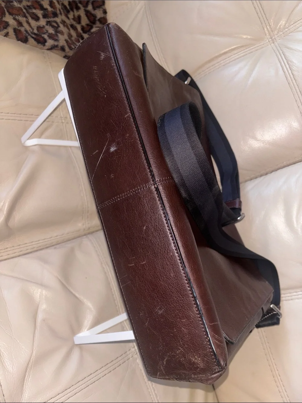 Coach Men's Brown Leather Messenger Bag with Stripe Strap